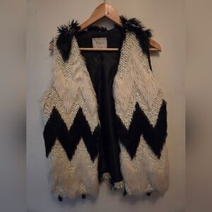 Faux Fur Chevron Vest - Black & Cream